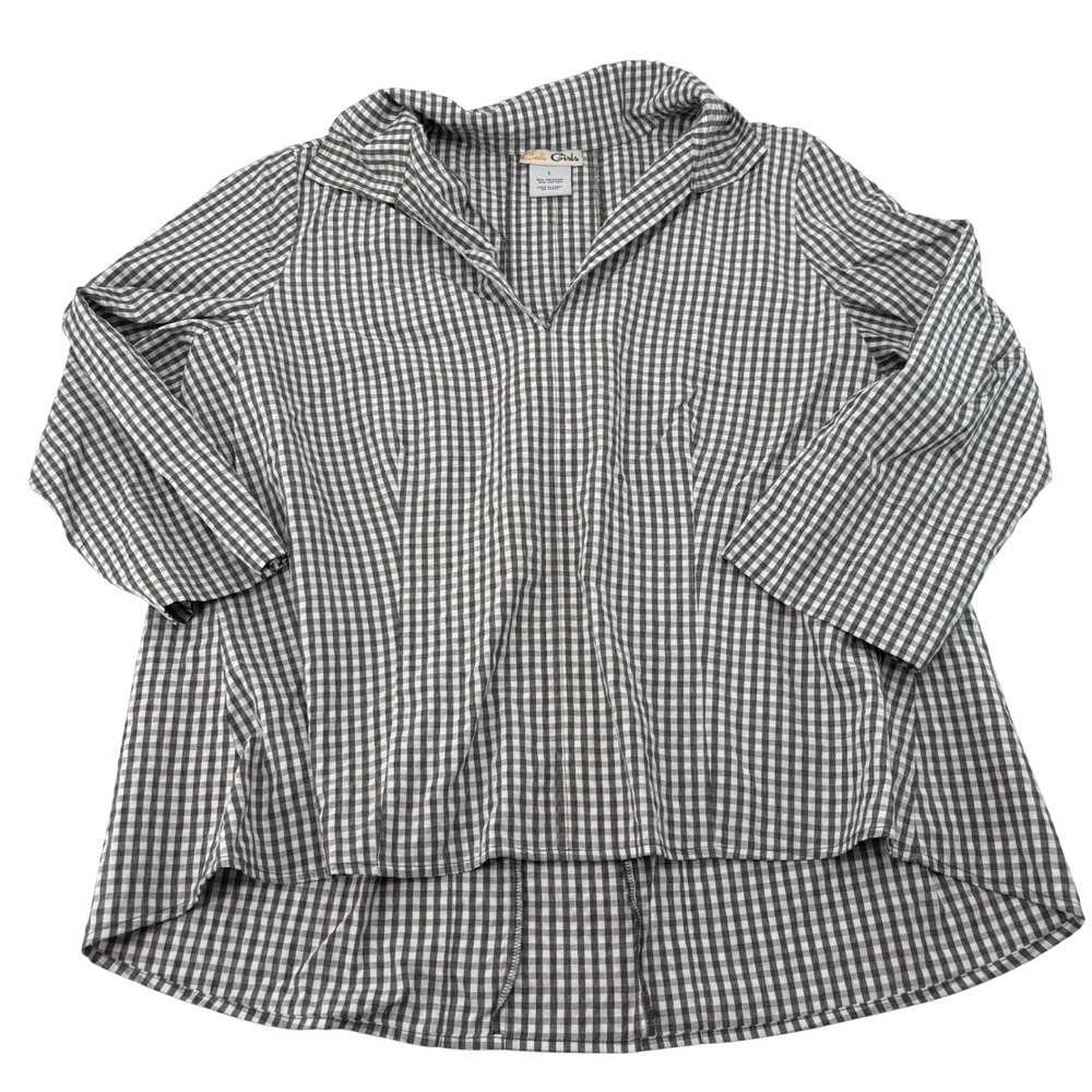 Cali Girls Gingham Tunic Blouse Black White Checkered V-Neck 3/4 Sleeve Large